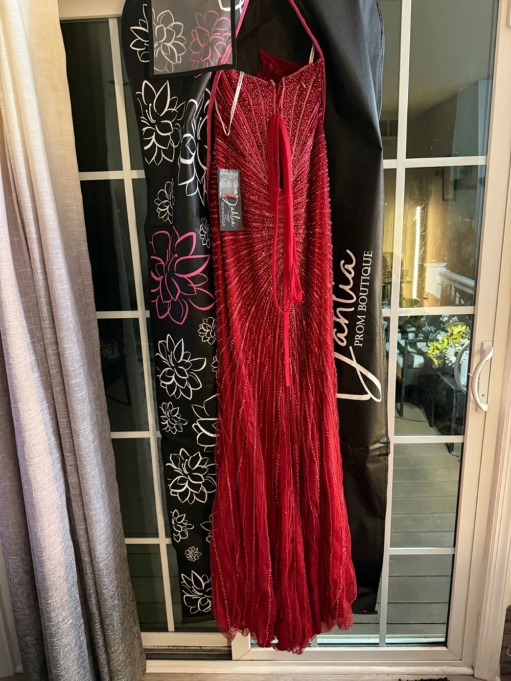 Plunging Beaded Burgundy Evening Gown - Picture 5 of 6